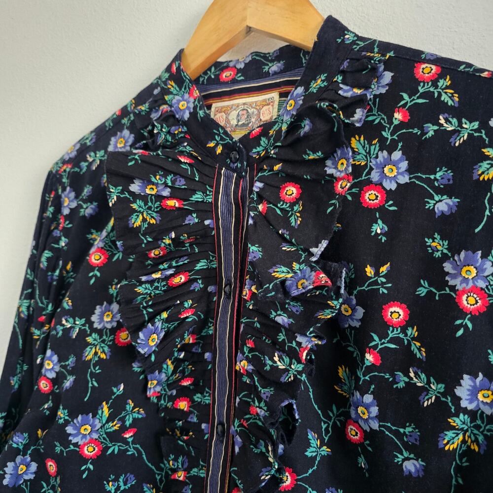 Vintage Bis by Gene Ewing Floral Printed Ruffle Blouse Black Size M Whimsigoth - Picture 2 of 7